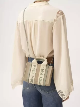 Mini sac cabas Woody en lin et cuir