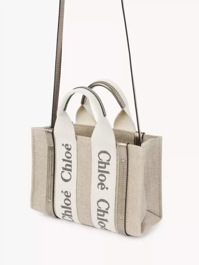 Mini sac cabas Woody en lin et cuir