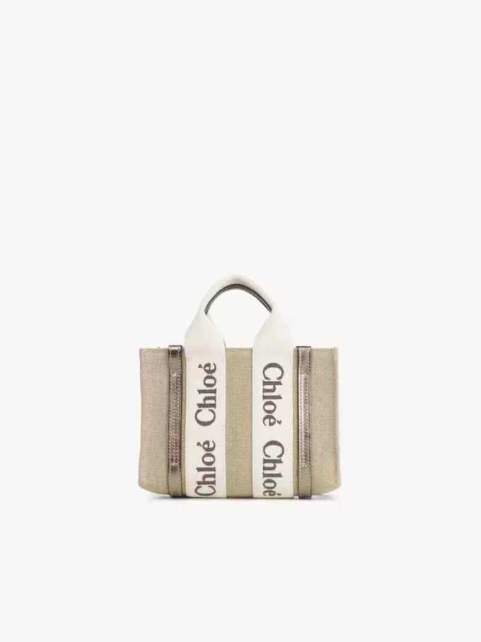 Mini sac cabas Woody en lin et cuir
