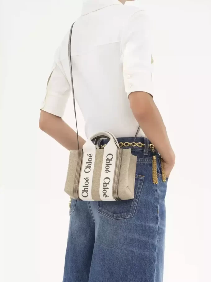 Mini sac cabas Woody en lin et cuir