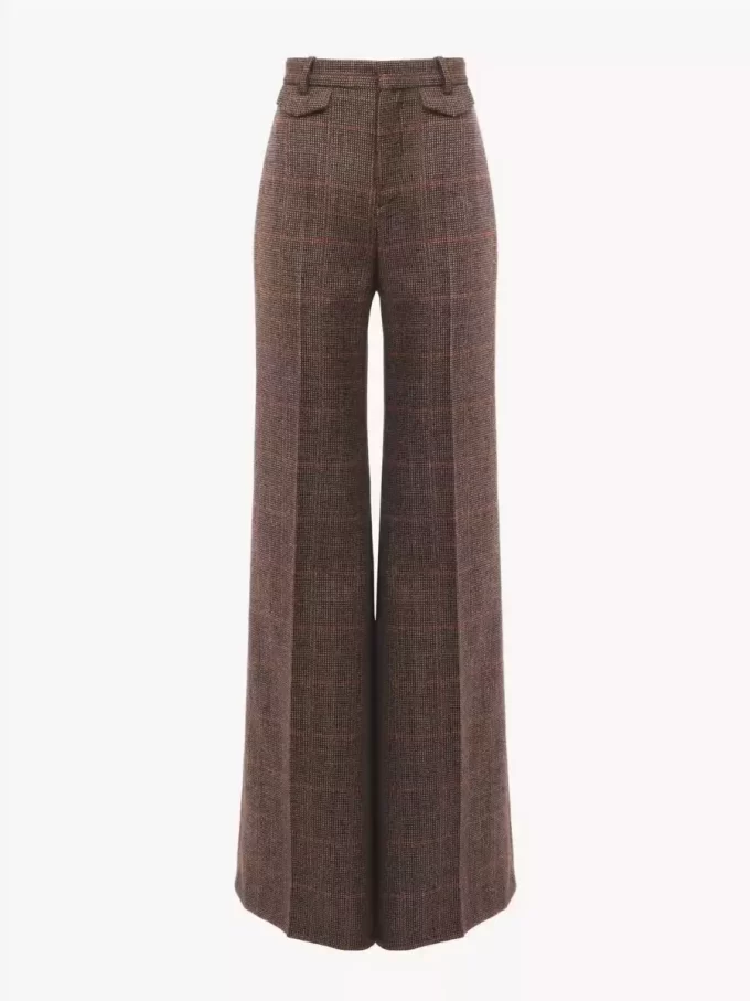 Pantalon évasé taille haute en laine à carreaux Pantalon évasé taille haute en laine à carreaux