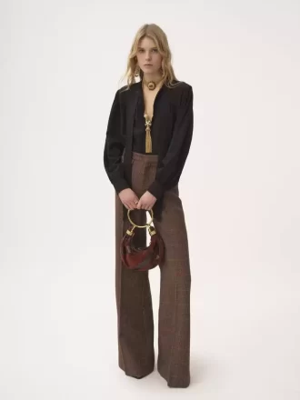 Pantalon évasé taille haute en laine à carreaux