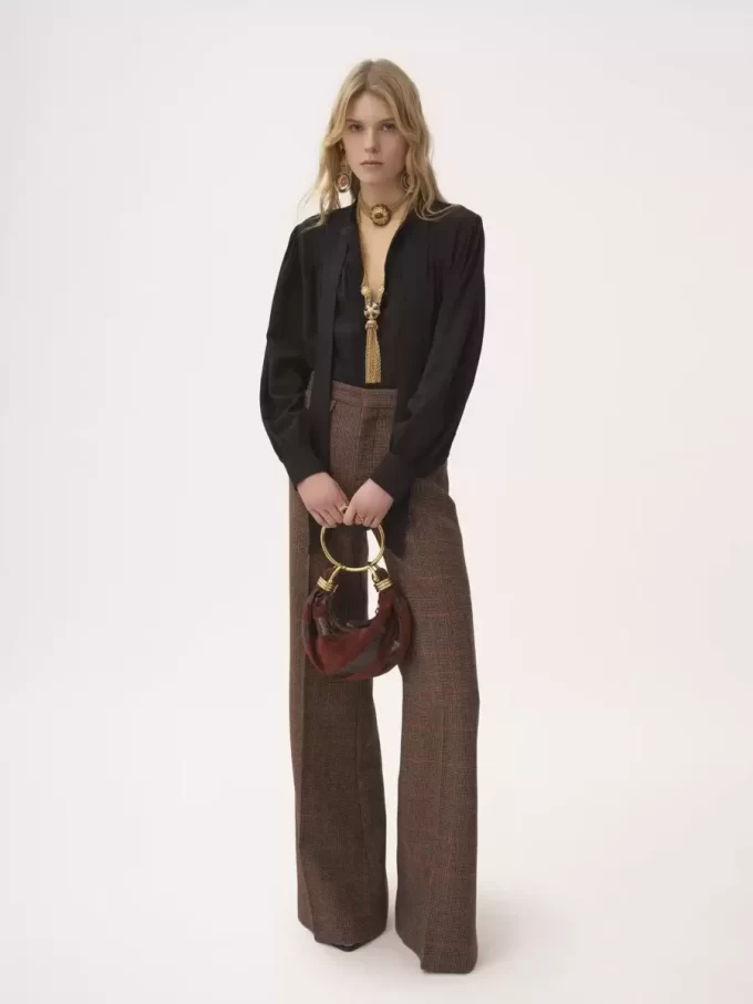 Pantalon évasé taille haute en laine à carreaux Pantalon évasé taille haute en laine à carreaux