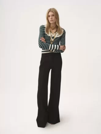Pantalon évasé taille haute en laine grain de poudre