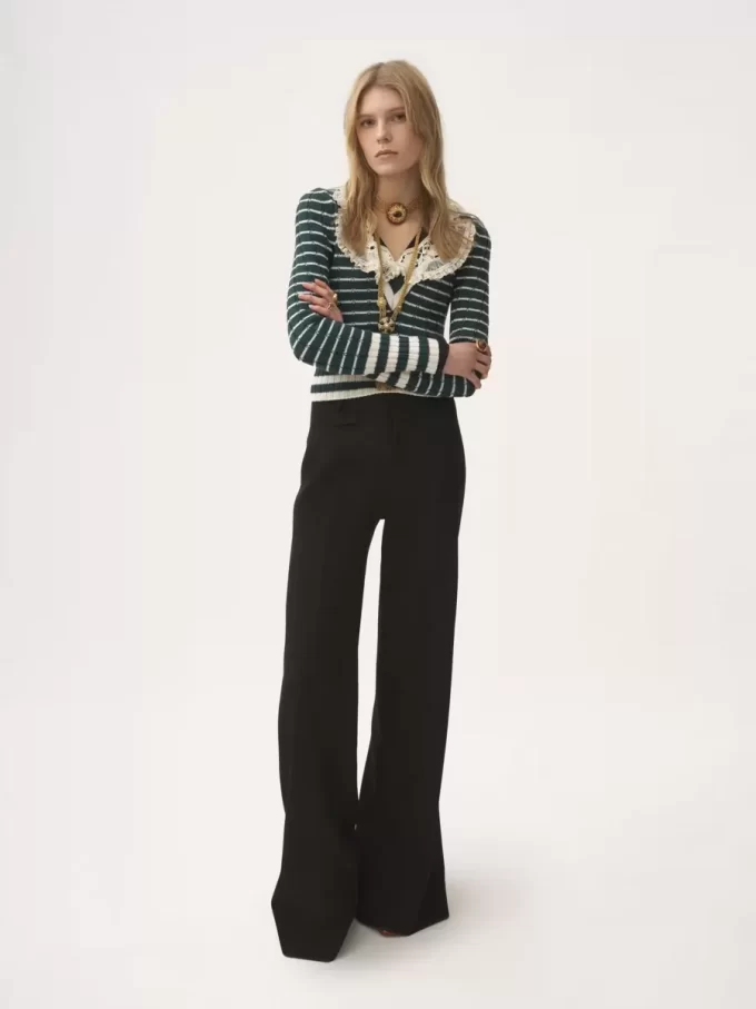 Pantalon évasé taille haute en laine grain de poudre Pantalon évasé taille haute en laine grain de poudre