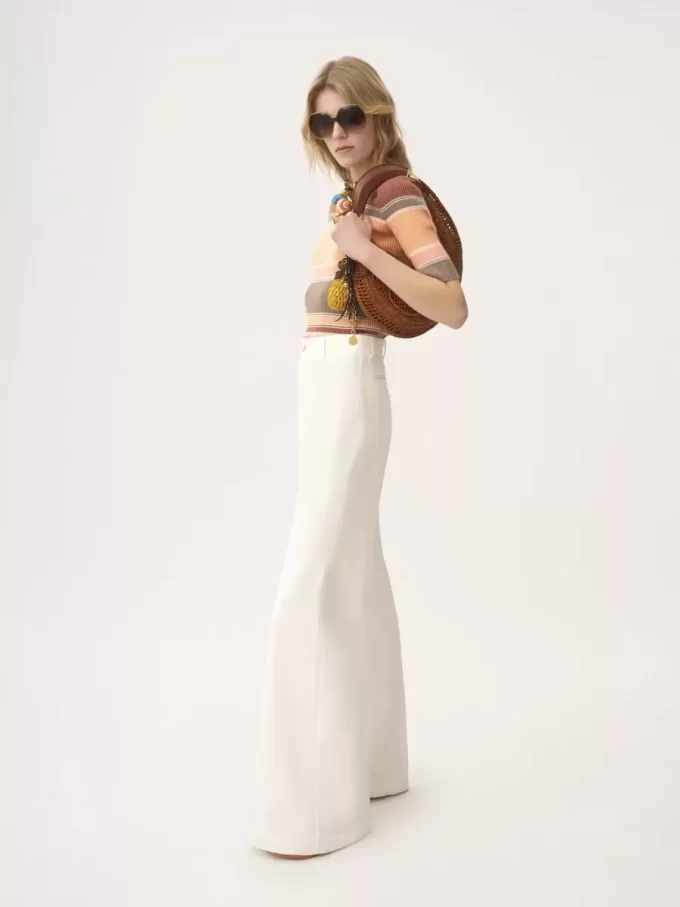 Pantalon évasé taille haute en toile de coton Pantalon évasé taille haute en toile de coton