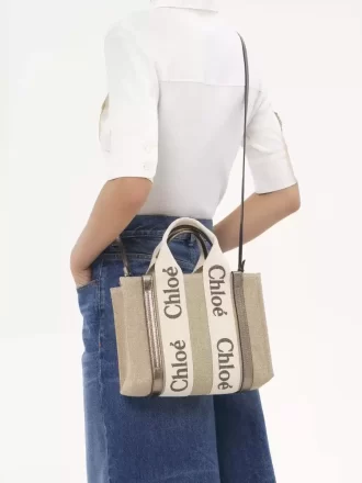 Petit sac fourre-tout Woody en lin et cuir