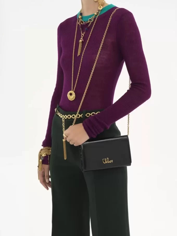 Portefeuille à rabat iconique Chloé sur chaîne en cuir brillant