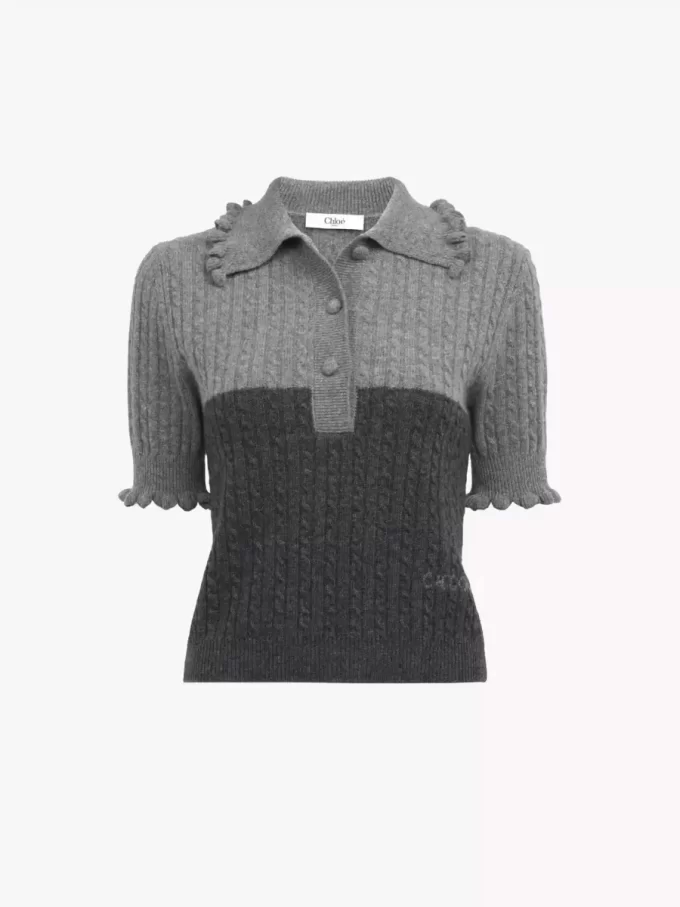 Pull polo à manches courtes en maille de laine et cachemire Pull polo à manches courtes en maille de laine et cachemire