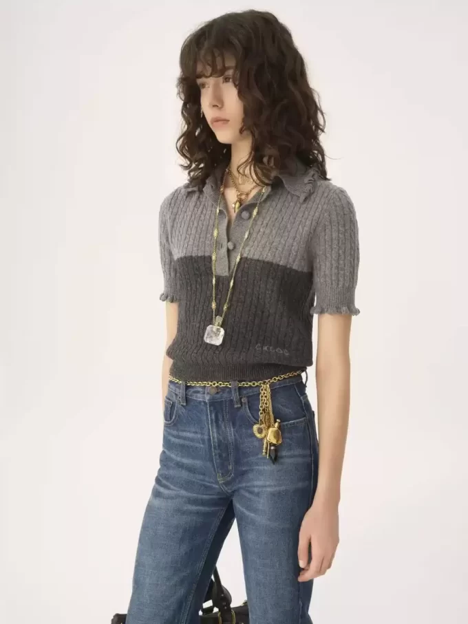 Pull polo à manches courtes en maille de laine et cachemire Pull polo à manches courtes en maille de laine et cachemire