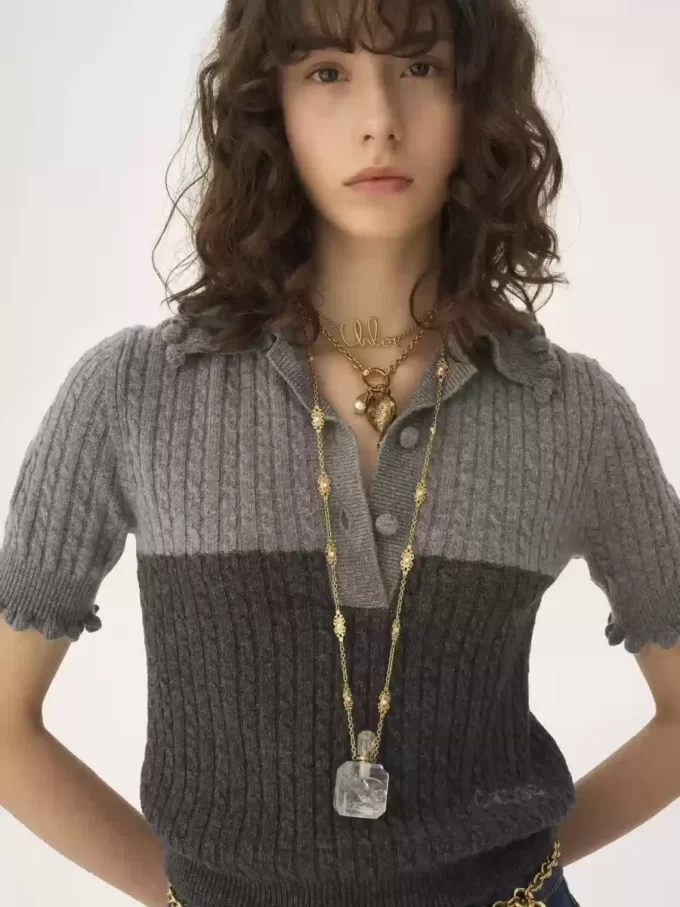 Pull polo à manches courtes en maille de laine et cachemire Pull polo à manches courtes en maille de laine et cachemire