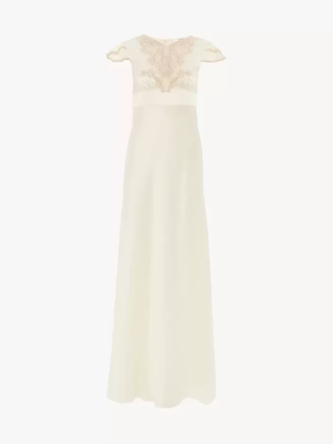 Robe colonne à manches courtes en satin de soie lavé et dentelle