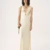 Robe colonne à manches courtes en satin de soie lavé et dentelle