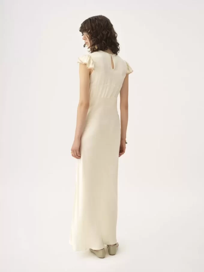 Robe colonne à manches courtes en satin de soie lavé et dentelle