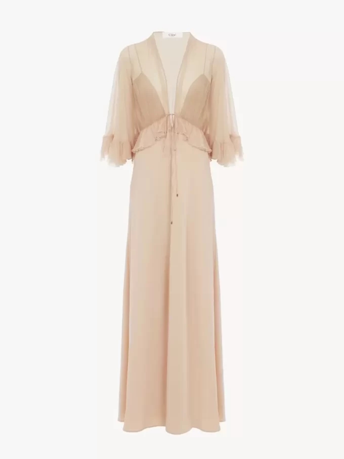 Robe longue col V en crêpe satin