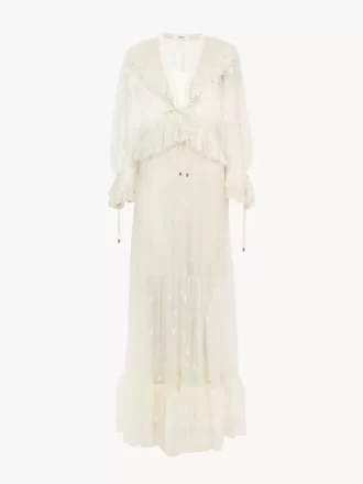 Robe longue froncée à col en V en dentelle brodée