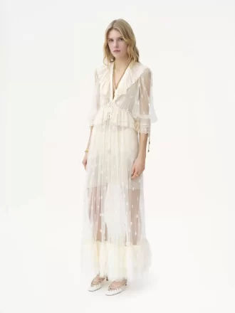 Robe longue froncée à col en V en dentelle brodée