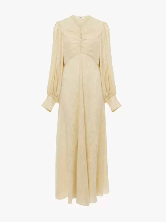 Robe longue froncée en jacquard de soie