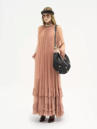 Robe longue froncée en mousseline de soie