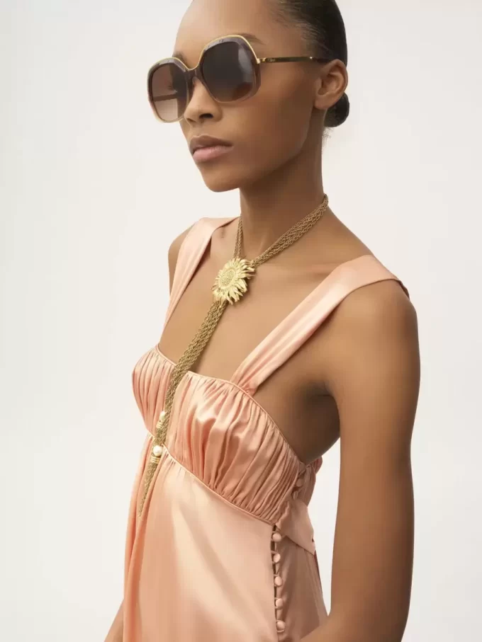 Robe longue froncée sans manches en satin de soie