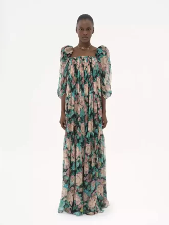 Robe longue à manches bouffantes en mousseline de soie