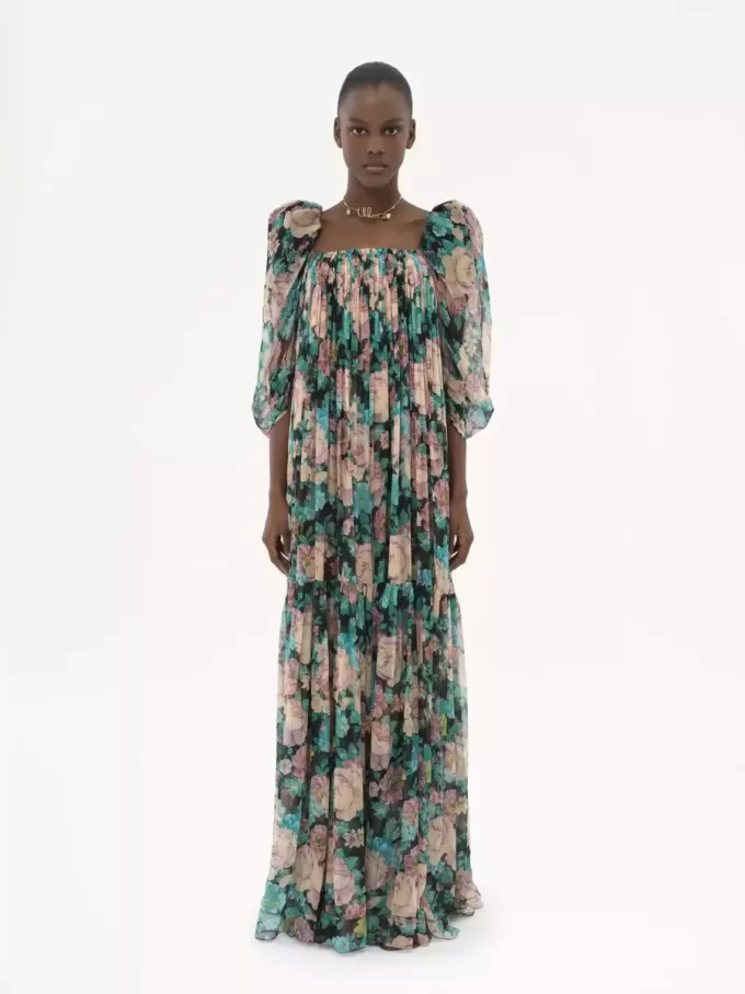 Robe longue à manches bouffantes en mousseline de soie Robe longue à manches bouffantes en mousseline de soie