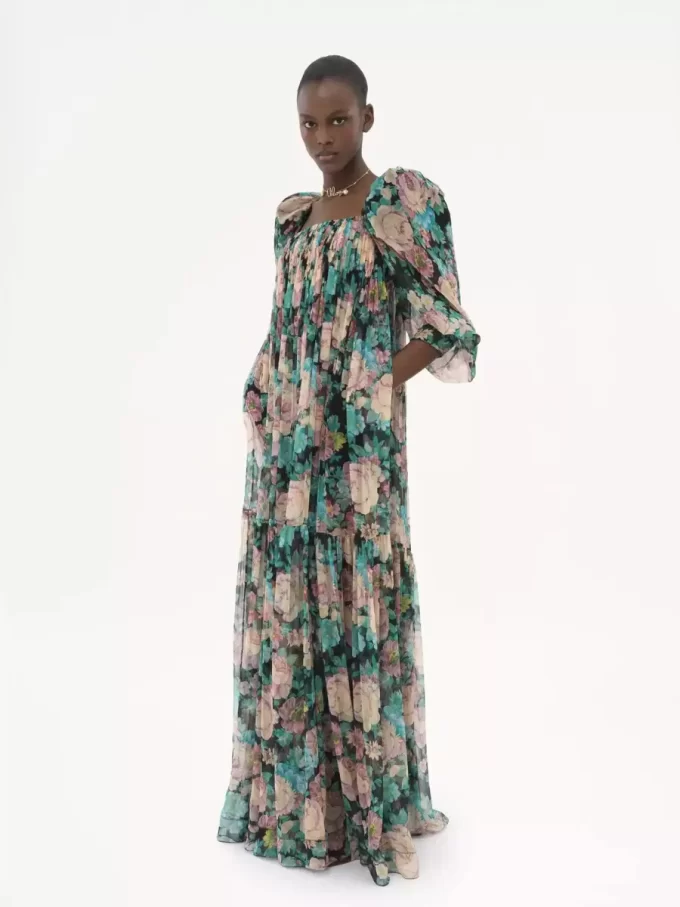 Robe longue à manches bouffantes en mousseline de soie Robe longue à manches bouffantes en mousseline de soie