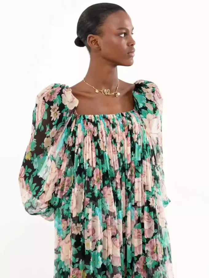 Robe longue à manches bouffantes en mousseline de soie Robe longue à manches bouffantes en mousseline de soie