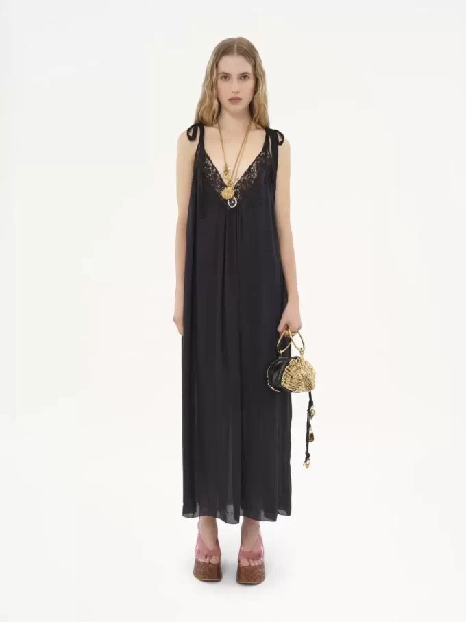 Robe longue nuisette en charmeuse de soie et dentelle