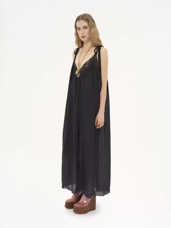 Robe longue nuisette en charmeuse de soie et dentelle