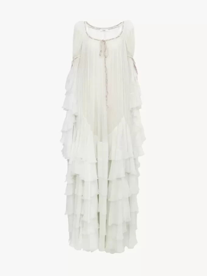 Robe longue oversize à volants en mousseline de soie