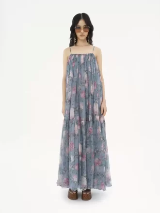 Robe longue sans manches en mousseline de soie
