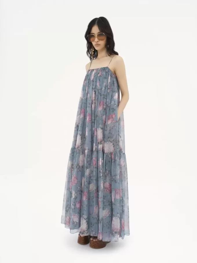 Robe longue sans manches en mousseline de soie
