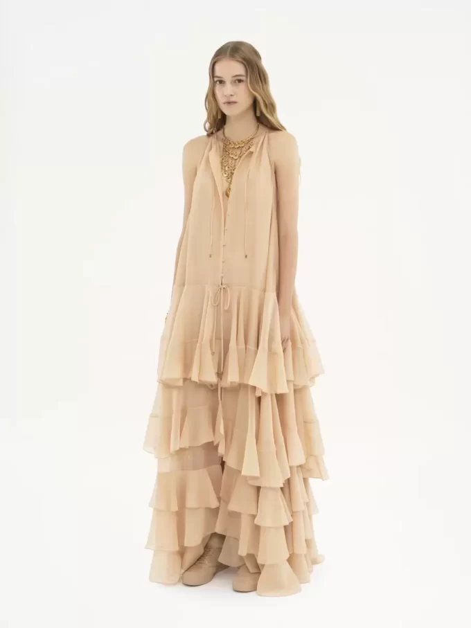 Robe longue à volants en georgette de soie Robe longue à volants en georgette de soie