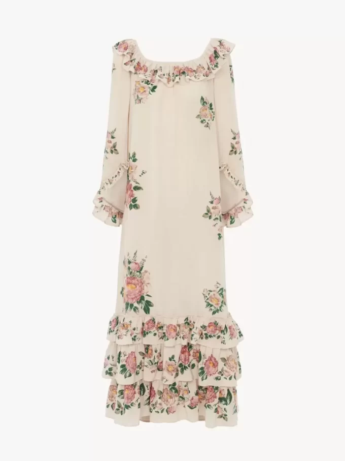 Robe longue à volants et col carré en crêpe de Chine