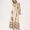 Robe longue à volants et col carré en crêpe de Chine