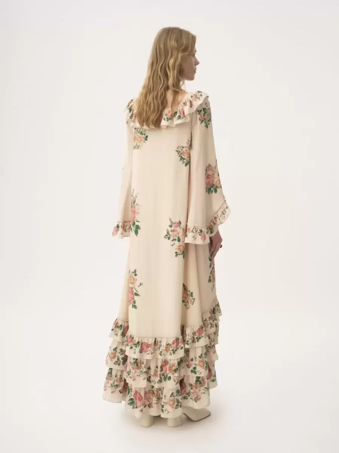 Robe longue à volants et col carré en crêpe de Chine