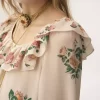 Robe longue à volants et col carré en crêpe de Chine