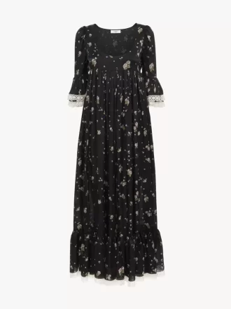Robe midi à col rond en charmeuse de soie et dentelle