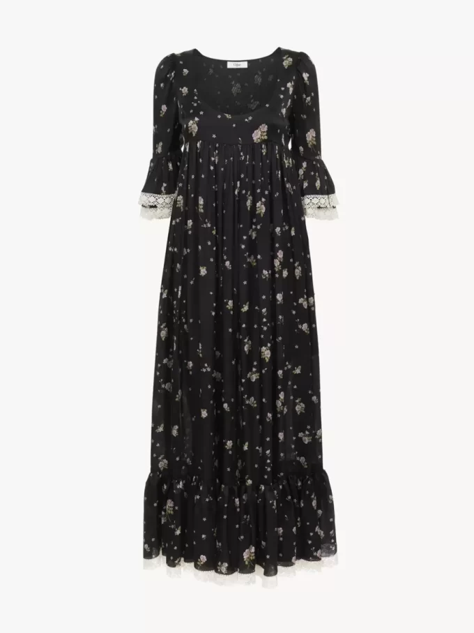 Robe midi à col rond en charmeuse de soie et dentelle Robe midi à col rond en charmeuse de soie et dentelle