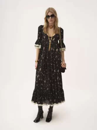 Robe midi à col rond en charmeuse de soie et dentelle