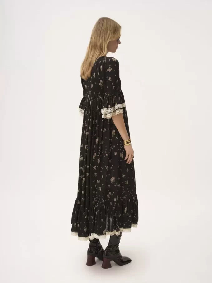 Robe midi à col rond en charmeuse de soie et dentelle Robe midi à col rond en charmeuse de soie et dentelle