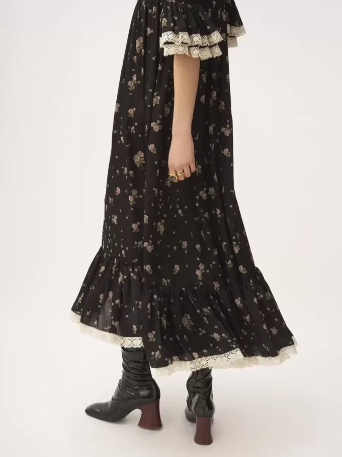 Robe midi à col rond en charmeuse de soie et dentelle Robe midi à col rond en charmeuse de soie et dentelle