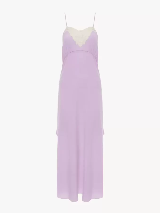 Robe midi à fines bretelles en crêpe de Chine et dentelle