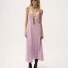 Robe midi à fines bretelles en crêpe de Chine et dentelle