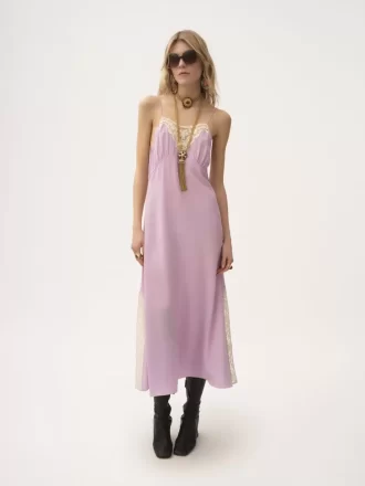 Robe midi à fines bretelles en crêpe de Chine et dentelle