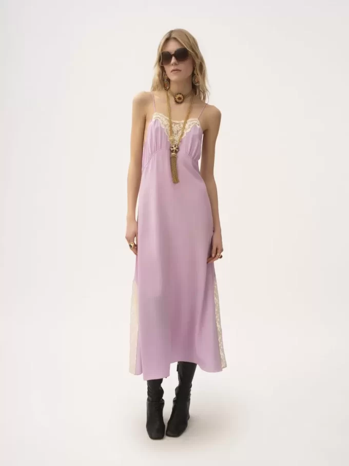 Robe midi à fines bretelles en crêpe de Chine et dentelle