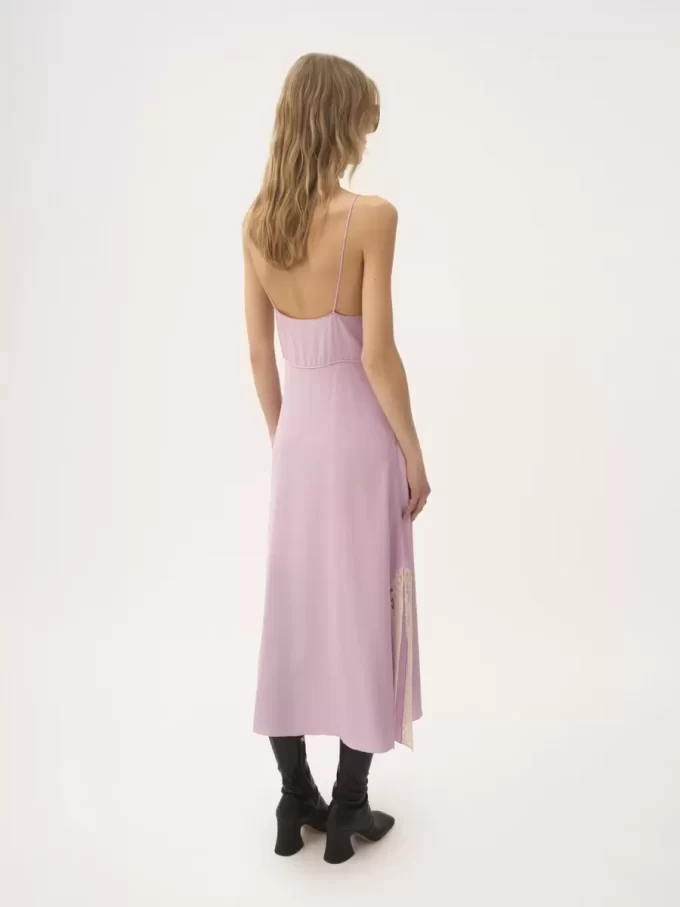 Robe midi à fines bretelles en crêpe de Chine et dentelle