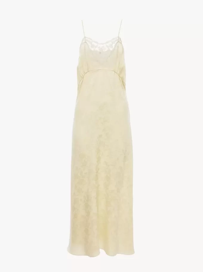 Robe midi à fines bretelles en jacquard de soie et dentelle
