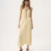 Robe midi à fines bretelles en jacquard de soie et dentelle